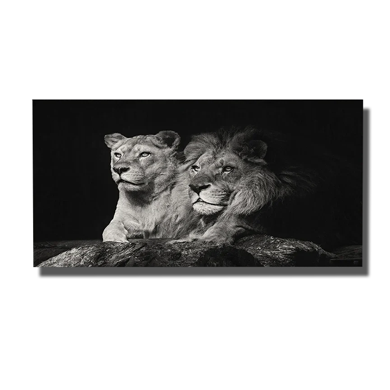 tableau lion et lionne noir et blanc