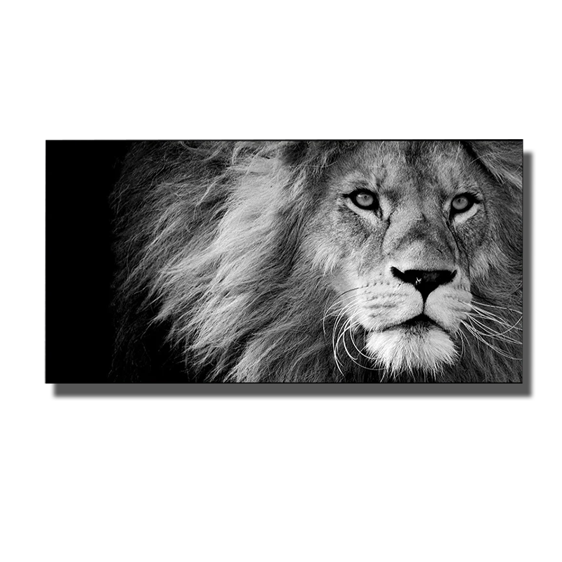 tableau en verre lion noir et blanc